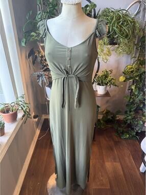 Derek Heart Olive Green Maxi Dress with Tie Front and Ruffle Straps Size M